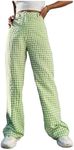 OYOANGLE Women's Plaid High Waist Wide Leg Long Pants Gingham Button Front Casual Trousers Y2k Lounge Pants Lime Green Medium