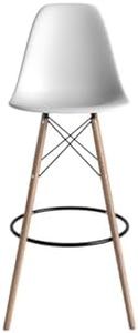 Inmod Molded Plastic Bar Stool with Wood Legs, Set of 2, Matte White, Natural DSW Modern Barstools, Mid-century Molded Shell Armless Bar Stools