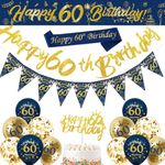 60th Birthday Decorations Men,Blue Gold Happy 60th Birthday Banner,60th Birthday Balloons,Bunting Flags,Sash,Cake Toppers for Men Women Blue 60th Birthday Party Supplies