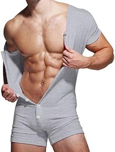 Mens Short Sleeve Onesie Henley Jumpsuit Pajamas Stretchy Cotton One Piece Garment Gray L