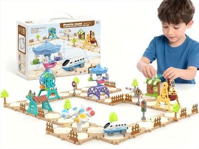 Puzzle Racer Kids Car Track Set for 3 4 5 6 Year Old Boys Girls, DIY Puzzle Track Car Set for Toddlers Kids, Amusement Park Themed, Christmas Birthday Toys Gifts, 125 Pieces