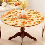 Smiry Sunflower & Pumpkin Round Tablecloth, Waterproof Elastic Fitted Table Covers for 36" - 44" Tables, Wipeable Flannel Backed Vinyl Tablecloths for Camping, Indoor, Outdoor, Gold