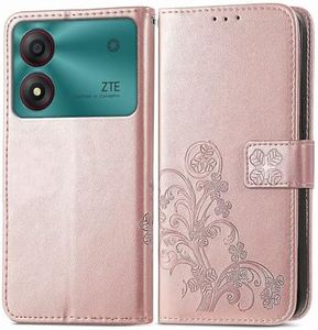 RankOne Leather Case for ZTE Blade A34 (6.6 Inches), Wallet Case with 3 Card Slots, 1 Coin Pocket, Four-Leaf Clover Pattern - Rose Gold