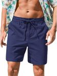 RQP Mens Cotton Linen Shorts Casual Drawstring 7inch Inseam Shorts Stretch Summer Beach Wear,Navy Blue