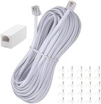 Ubramac 50Feet Long Telephone Extension Cord Phone Cable Line Wire, with Standard RJ11 Plug and 1 in-Line Couplers and 25 Cable Clip Holders-White