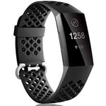 Dirrelo Compatible with Fitbit Charge 3/ Charge 4 Strap, Sport Silicone Adjustable Replacement with Breathable Holes Accessories Wristband for Fitbit Charge 3 SE, for Women Men, Small Black