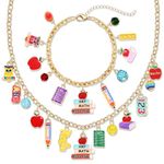YAHPERN Teacher Necklace Earrings Bracelet for Women, Teacher Accessories, Cute Apple Pencil Book Charms Bracelet Choker Necklace Apple Earrings Teacher Appreciation Gifts Back To School Jewelry,