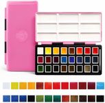 rubens Watercolor Paint Set, 24 Vivid Colors Transparent Watercolor, Artist Solid Watercolor Paint, Professional Travel Water Color, Portable Art Paint Supplier Pink Box for Beginner, Student, Adult