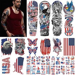 Aresvns Independence Day Temporary Tattoo 32 Sheets,USA Flag Sleeve Tattoo,Red White and Blue Party Supplies, 4th of July, Memorial Day, Labor Day Decorations Patriotic Tattoos