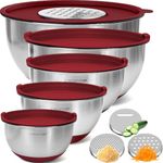 Priority Chef Stainless Steel Mixing Bowls with Lids Set, 3 Grater Attachments, Airtight Lids, Non-Slip Silicone Base Mixing Bowl Set, Large Prep Metal Mixing Bowls for Kitchen, Red