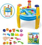 Lenoxx Large Children's Sand & Water Table - Blue Table with Yellow Detachable Legs, 24 Assorted Accessories Including Interactive Train Track, Sand Moulds, Water Cans - Age 3+