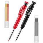 Hiboom 2 Pack Solid Carpenter Pencil with 14 Refill, Long Nosed Deep Hole Mechanical Pencil Marker with Built-in Sharpener for Carpenter Woodworking Architect with Design Patent (Black, Red)