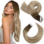 Moresoo Tape in Hair Extensions Human Hair Balayage 16 Inch Human Hair Tape in Extensions Brown Root Ombre Light Brown with Medium Blonde Real Remy Straight Hair 20 Pieces/50g #3/8/22