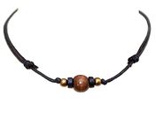 Mens Beaded Cord Choker Simple Necklace for Him Minimalist Black Faux Leather Thong with Wood Beads