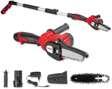 WALTER Kompakter Hochentaster. Verstellbare Teleskopstange. 12V Li-Ion Akku, Ladegerät und Zubehör. Stufenlose Höhenverstellung 155 und 220 cm. Mini Kettensäge, 95mm Schnittlänge, Brushless Motor