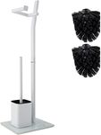 Smartpeas Toilet Roll Holder WC set - White - 22x18x70 cm - Toilet Roll Holder Free Standing Include - Stainless Steel - Strong Glass Base - Additional: 1 Plus 2 Replacement Toilet Brush Heads!