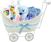 SAFRI® LARGE BABY PRAM HAMPER WICKER BASKET BABY SHOWER PARTY GIFTS BOYS GIRLS NEW BORN (Blue)