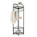 XIV Corner Hall Tree, Corner Coat Rack with Storage, Free Standing Metal Corner Clothes Rack for Bedroom Entryway Hallway, Multifunctional Corner Clothing Rack Organizer with Basket (Black)