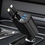 Retractable Car Charger, 4 in 1 Fast Charging Car Charger 60W, Retractable Cable and 2 USB Ports Car Charger Adapter Compatible with iPhone 15 14 13 12 11 Pro Max, Galaxy S23, Pixel Car Charger