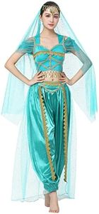 IWEMEK Costume da donna Aladdin per adulti, arabo, gelsomino, principessa, set di vestiti, top e pantaloni con copricapo da favola, Halloween, carnevale, costumi da festa, blu M