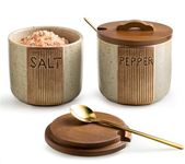 YHOJOY Ceramic Salt and Pepper Bowl, Salt Cellar with Lid and Spoons Salt Containers for Countertop Pepper Holder Box, Beige