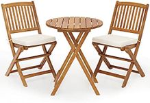 TANGZON Wooden Folding Bistro Set, Outdoor Dining Table and Chairs Set with Slatted Tabletop & Seat, Acacia Wood Garden Furniture Set for Porch Balcony (Vertical Slatted Back,With Cushions)
