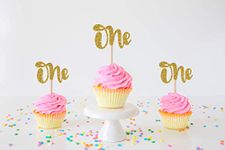 Confetti! - One Cupcake Toppers (Pack of 20) Gold Glitter Cupcake Toppers for Kids First Birthday Party Decoration