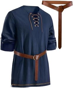 PARTTELY Mens Pirate Shirt Cotton Linen Long Sleeve Lace-Up Renaissance Shirt Medieval Costume Men with Belt for Halloween Costume