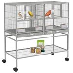 PawHut 40" H Divided Breeder Bird Cage with Rolling Stand Removable Metal Tray, Storage Shelf, Wood Perch, and Food Container, Light Grey