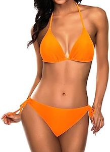 Tempt Me Women Triangle Bikini Sets Halter Two Piece Sexy Swimsuit String Tie Side Bathing Suit, Bright Orange, Medium