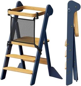 COSYLAND Foldable Toddler Standing Tower – IF Design Awarded Height Adjustable Kitchen Step Stool with Safety Net – Toddler Learning Helper Stool for Kitchen/Bathroom,Foldi (Slate Blue & Natural)