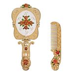 YUSONG Vintage Gold Mirror, Metal Antique Hand Mirror Comb Set Handheld Folding Antique Mirror for Travel Embossed Rose Small Vanity Mirror Hand Mirror with Handle Gift for Women (Gold)