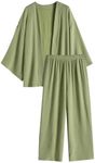 ZAFUL Womens 2 Pieces Outfit Loungewear Sets Linen Loose Cardigan Wide Leg High Waist Pants Casual Suits, Classic Green, Small