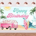 Surf Happy Birthday Backdrop - Summer Surfing Birthday Party Decorations for Girls, Surf Van Surfboard Palm Tree Beach Hawaiian Theme Photography Background 5x3ft, Swimming Pool Party Supplies