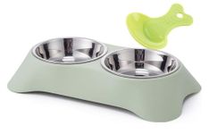 Fuwok Double Dog Bowl,Non Slip Non-spill Stainless Steel Double Bowl with 1 Pet Food Spoop For Small Dogs and Cats (S, Green)