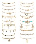 Thunaraz 20Pcs Ankle Bracelets for Women Adjustable Beach Anklet Set Star Heart Turtle Infinite Anklets Gold