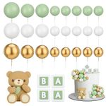 Vyuwast 26Pcs Mini Balls Topper with Cute Bear Cake Decoration Green BABY Letter Toppers Green Gold White Foam Balloon Pearl Ball for Baby Shower Birthday Animals Theme Party Supplies(Green)