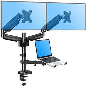 MOUNTUP Dual Monitor and Laptop Mount, Gas Spring Monitor Stand for 2 Max 27" Computer Screens, Laptop Tray Fits 10-17inch Notebook, Holds 4.4-17.6lbs Per Arm, 3-in-1 Adjustable Monitor Desk Mount