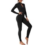 Litthing Women’s Long Sleeve Jumpsuit Yoga Ribbed Sexy One Piece Butt Lifting Bodysuit Zipper Gym Activewear Romper Playsuit