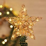 Golden Glittered Christmas Star Tree Topper - Unique Battery Operated Tree Topper with 30 Warm LED Lights, Lighted Xmas Star Tree Topper for Holiday Party Indoor Tree Decorations