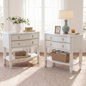 27.5" Wide Extra Large with Nightstand Set of 2 Charging Station & Open Shelf, Pre-Assembled,Vintage Bedside Table w/2 Drawers, Curved Design, Farmhouse End Side Table with Solid Wood Legs for Bedroom