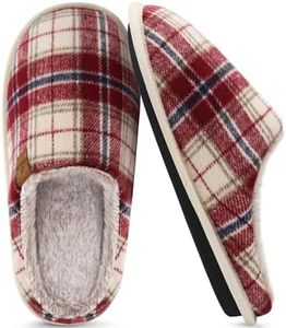 COFACE Mens Red Flano Plaid Cozy Memory Foam scuff Slippers Slip On Warm House Shoes Indoor/Outdoor With Best Arch Support Size 7