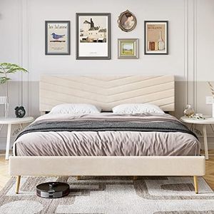 Homhougo Queen Size Bed Frame, Velvet Queen Platform Bed Frame with Adjustable Headboard, Upholstered Bed Frame Queen, Wood Slats Support, No Box Spring Needed, Beige