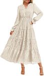 KIRUNDO Womens Spring Long Sleeve Maxi Dress Floral Elegant V Neck A Line Tiered Flowy Wedding Guest Cocktail Party Dresses(Beige, X-Large)