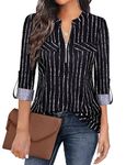 Gemulate Black Tunic Tops for Women UK Women's Striped Top Zip Up Plaid Tunic 3/4 Sleeve Blouse for Women UK Womens Long Tops for Leggings Plus Size Plaid Shirt - Black Stripe, L