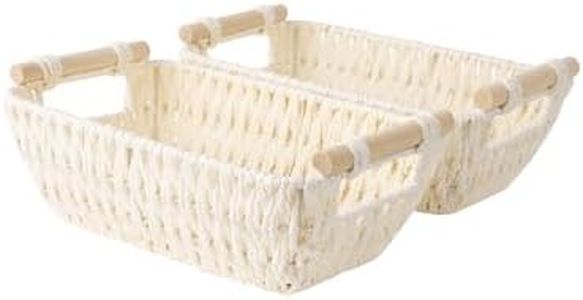 StorageWorks Round Paper Rope Woven Basket with Wooden Handles for Gifts, Small Wicker Baskets for Bathroom, Beige, 2-Pack