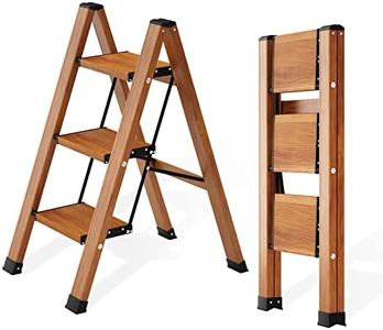 3 Step Ladder, Aluminum Lightweight Folding Step Stool Wide Anti-Slip Pedal, Multi-Functional Ladders with 330lbs Load Capacity for Household and Kitchen Space Saving,Woodgrain