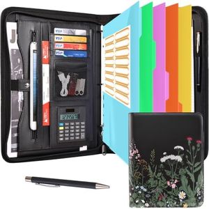 Eshow Portfolio Organizer - 3 Ring Binder with Zipper, Vegan Leather Business Padfolio Folder with Notepad Includes 5 Colorful Sheet Protectors for Documents Files for Women