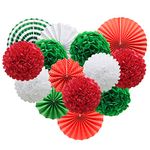 Red White Green Hanging Paper Party Decorations, Round Paper Fans Set Paper Pom Poms Flowers for Christmas Birthday Wedding Graduation Baby Shower