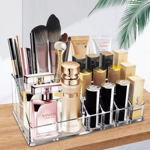 Ubitree Organizador de Maquillaje, Acrílico Caja Almacenamiento Cosméticos con 16 Secciones para Lápiz Labial, Pincel Maquillaje, Delineador Ojos, Geles Uñas, Perfume, Máscara (Transparente)